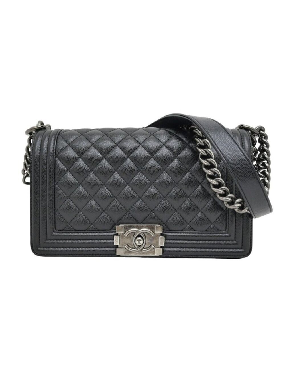 Chanel Boy 25 Chain Shoulder Bag Caviar Leather Quilted Black Gun